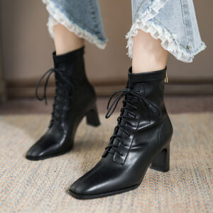 Square Toe High Heel Boots PU Leather Women Ankle Boots