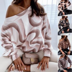 Autumn And Winter Long Sleeve Loose Shoulder Sleeve Leopard Print Blouse For Women