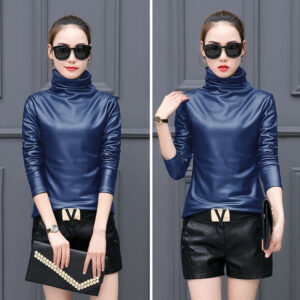 Fleece-lined Thick Leather Coat Turtleneck Bottoming Shirt For Women