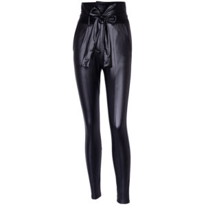 High waist pencil pants PU leather belt trousers