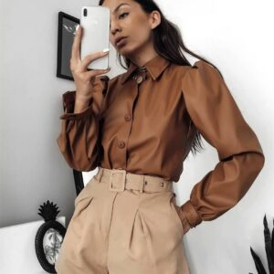 Long Puff Sleeve Turn Down Collar Women Leather Shirt