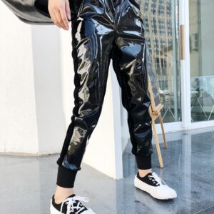 Elastic waist bright leather velvet track pants