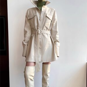 Retro White Shirt Leather Coat Women’s Mid-length Cinched Blouse