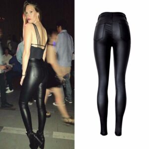 High waist slim stretch coated faux leather pants denim pants PU pocket locomotive wild large size