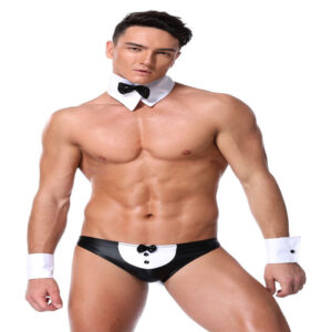 European And American Black Patent Leather Mesh Stitching Men’s Sexy Underwear Suit