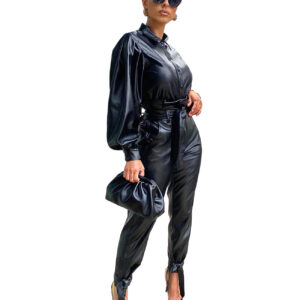 Two-piece Pu Leather Long-sleeved Suit