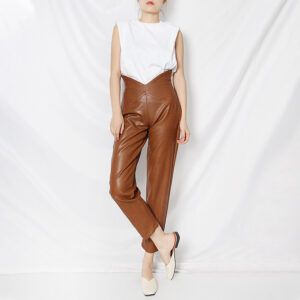 New Fashion High Waist Irregular Harem Leather Cropped Casual Pants