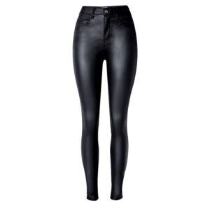 European And American Women’s High-Waist Slim-Fit Stretch-Coated Imitation Leather Pants Denim Feet Pants PU Pocket Motorcycle Models All-Match Large Size