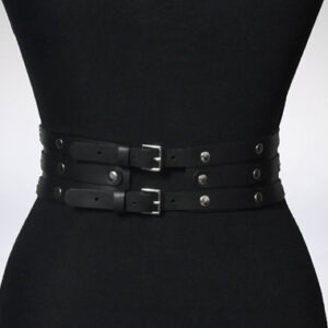 Women Black Leather Waist Belts Sexy Body Harness 3 Layer PU Metal Hoop Patchwork Rivet Belt for Lady