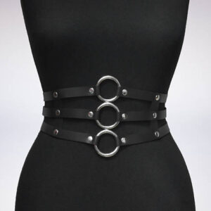 Women Black Leather Waist Belts Sexy Body Harness 3 Layer PU Metal Hoop Patchwork Rivet Belt for Lady