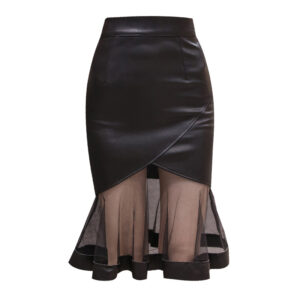 Leather Skirt Women Spring And Autumn Long Mesh Splicing Pu Skirt