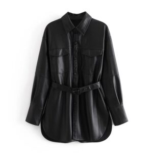 Faux Leather Loose-fitting Shirt With Flared Sleeves