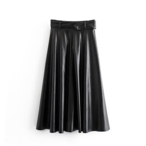 Wide Belt Washed Leather Bust Black Leather Skirt