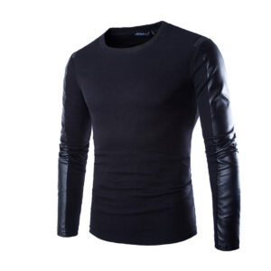 Men’s Leather Men’s Long-sleeved T-shirt Round Neck Pullover T-shirt