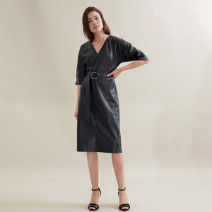 Belted PU leather mid-length dress