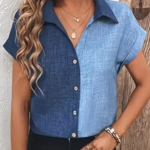 Color Block Button Up Blouse, Elegant Lapel Neck Short Sleeve Blouse For Every Day – Women’s Clothing – Stylish & Versatile – Suitable For Casual & Office Wear – Perfect Gift For Women