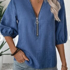 Elegant Deep V-Neck Zip-Up Blouse For Women – Chic Spring Fall Fashion,  Machine Washable, Design, Sleeve