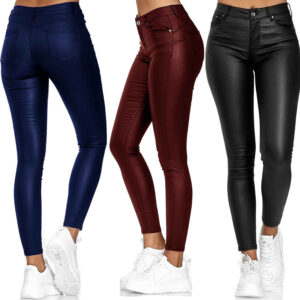 Women’s solid color leather casual pants foot pants