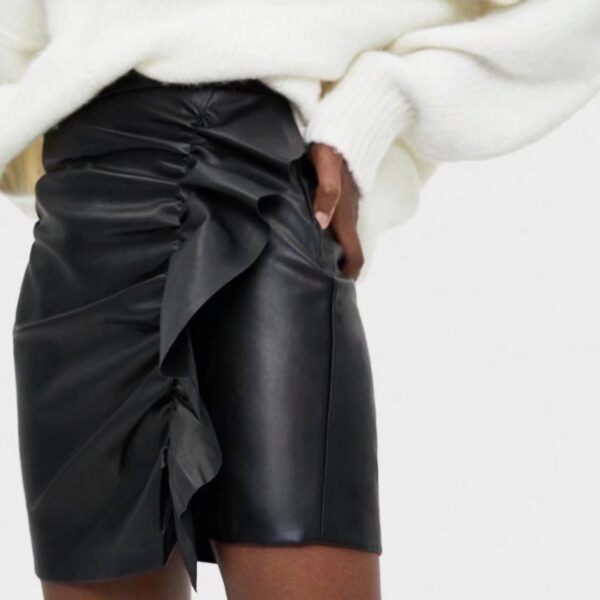 Women's Ruffle Trim Artificial Hip Leather Skirt