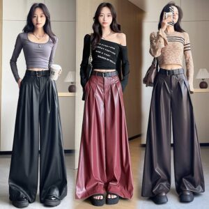 Suit Wide-leg Leather Pants Women’s High Waist Loose