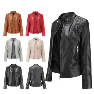 Stand-up collar PU leather jacket women