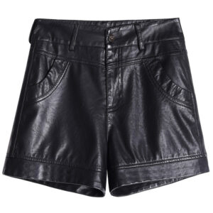 Black Wide-leg Slim High-waist Leather Shorts