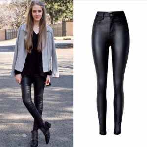 High waist slim stretch coated faux leather pants denim pants PU pocket locomotive wild large size