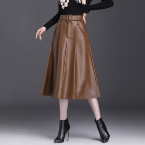 Autumn And Winter A Line PU High Waist Pleated Leather Leather Skirt