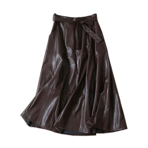 High waist long A-line PU leather skirt