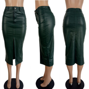 Ladies Slim Front Slit  Leather Skirt