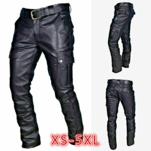 Pure Color Men’s PU Strap Casual Leather Pants