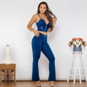 Shascullfites Shaper Set Dark Blue Bodysuit Zipper Push Up Top Middle Waist Flare Jeans Women Two Piece Clothes For Women