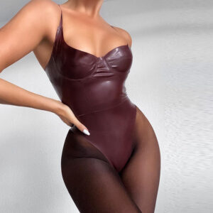 Solid Color PU Leather Sling Bottoming Jumpsuit