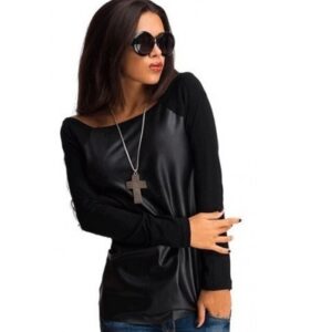 Round neck fashion imitation leather top bottoming shirt