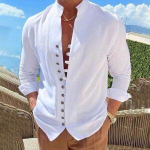 Retro Button Design Long-sleeved Shirt Men’s Casual Loose Top Mens Clothing