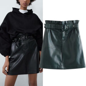 Pure color PU leather skirt