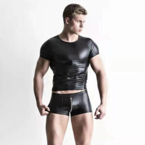 Men’s Matte Leather T-Shirt Tights Performance Clothes Nightclub