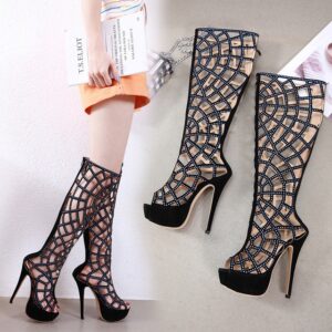 Black Shoes Sexy Hollow Out High Heels Boots