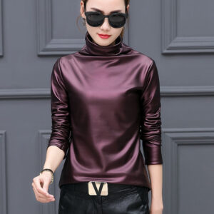 Fleece-lined Thick Leather Coat Turtleneck Bottoming Shirt For Women