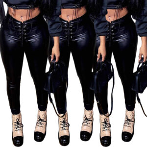 Lace Zipper Leather Pants PU Leather Slim Skinny High Waist Stretch