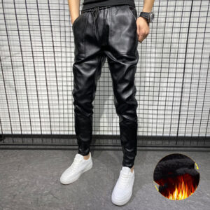 Men’s Fleece-lined Thick Windproof Leather Pants