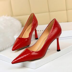 Snakeskin shiny patent leather shallow pointed high heels