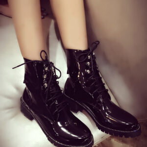 Motorcycle patent leather chunky heel ankle boots