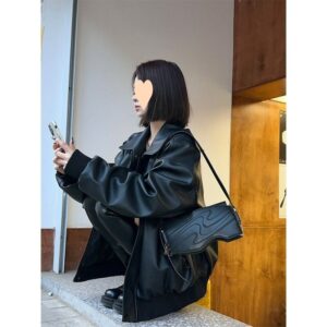 American Retro High-grade Black Leather Jacket Coat Women