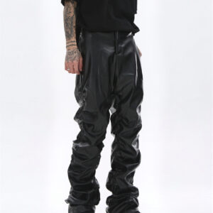 Black Pleated Casual Leather Pants