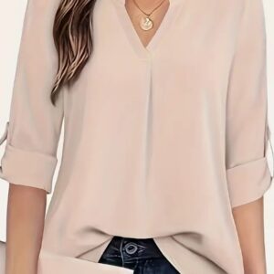 Chic Solid V-Neck Blouse – Fashionable Simplicity For Women – Relaxed Casual Long Sleeve Style