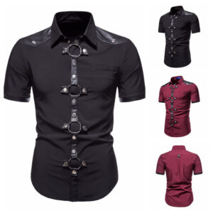 New European And American Men’s Gothic Style Rivet Leather Patchwork Short-sleeved Shirt Simple Fashion Costume