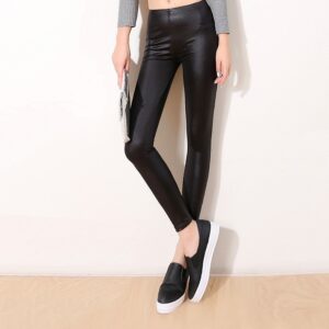 Faux leather pants, wearing thin leggings, black feet trousers