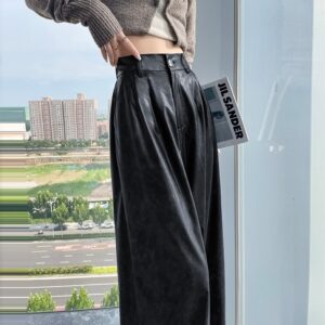 High Waist Loose Straight Slimming Leather Wide-leg Pants Drape Mop Pants