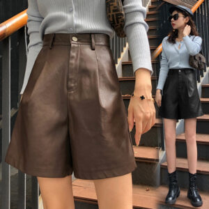 Women Wear Five-point Wide-legged High-waist Pu Leather Pants